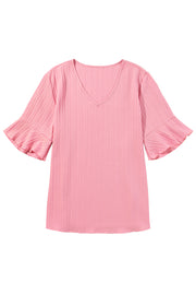 Peach Blossom Ruffled Half Sleeve V Neck Textured Plus Top