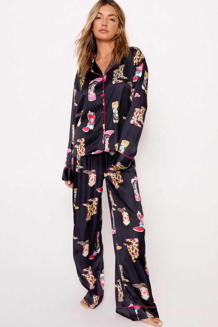 Black Western Cowgirl Boots Printed Satin Long Pajama Set