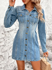 Pocketed Button Up Long Sleeve Denim Dress