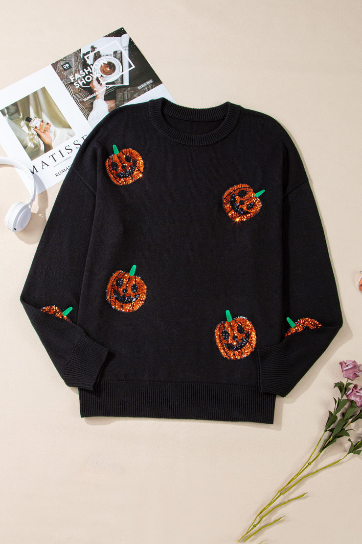 Black Plus Size Halloween Sequined Pumpkin Pattern Sweater