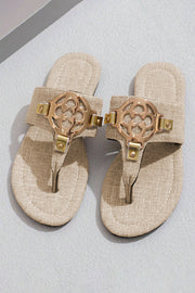 Beige Vintage Metal Decor Leather Thong Slides Shoes