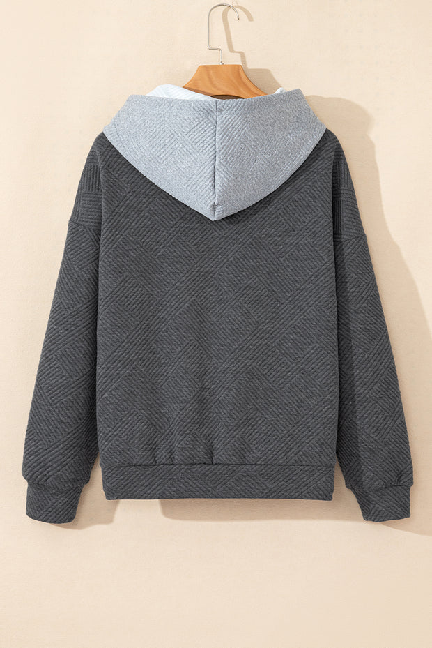 Gray Textured Color Block Kangaroo Pocket Drop Shoulder Hoodie