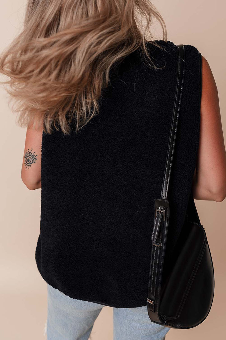 Black Leather Contrast Side Pockets Buttoned Fleece Vest