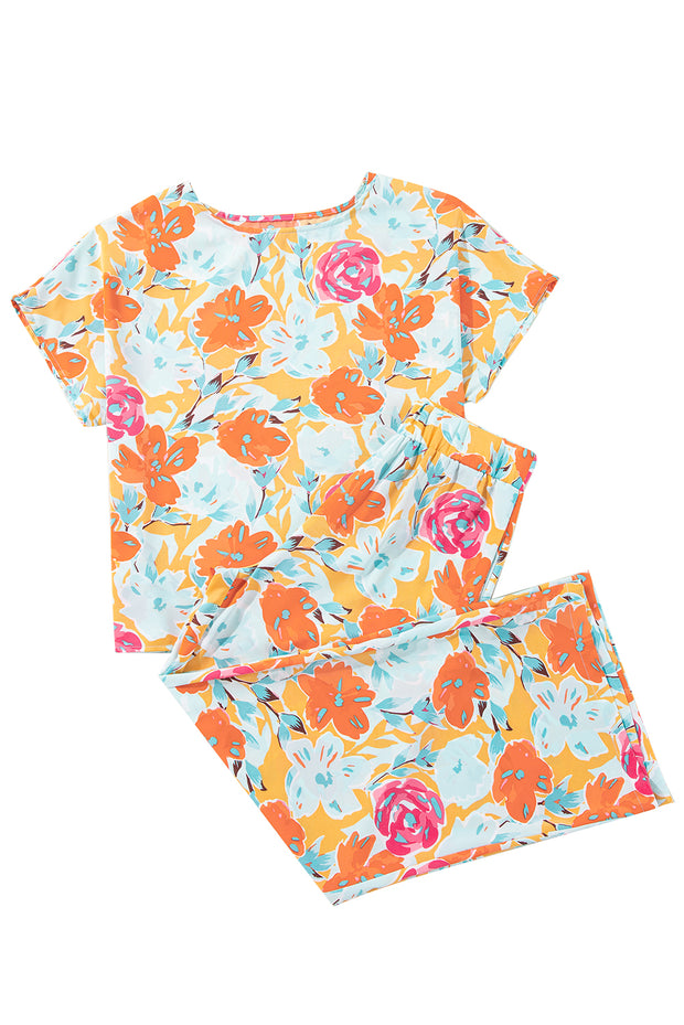 Orange Vibrant Floral Printed Short Sleeve Top 2 Piece Pants Set