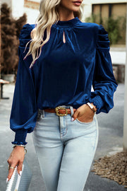 Sky Blue Fiery Mock Neck Puff Sleeve Velvet Blouse