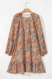 Orange Paisley Print Loose Fit Drawstring High Waist Mini Dress