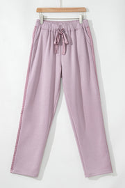 Orchid Petal Drawstring Waist Satin Stripe Patch Straight Leg High Waist Pants