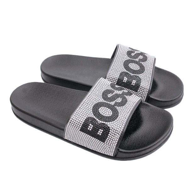 Size 11 Silver BOSS Black Slides