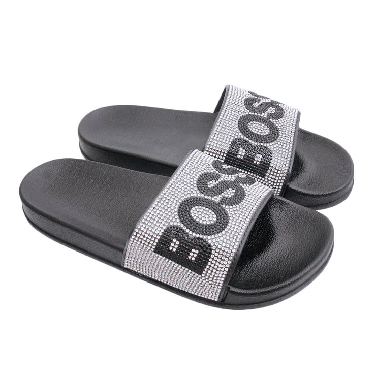 Size 8 Silver BOSS Black Slides