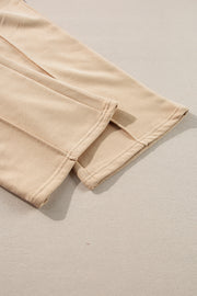 Apricot Solid Seamed Zipper Jacket and Drawstring Waist Pants Set