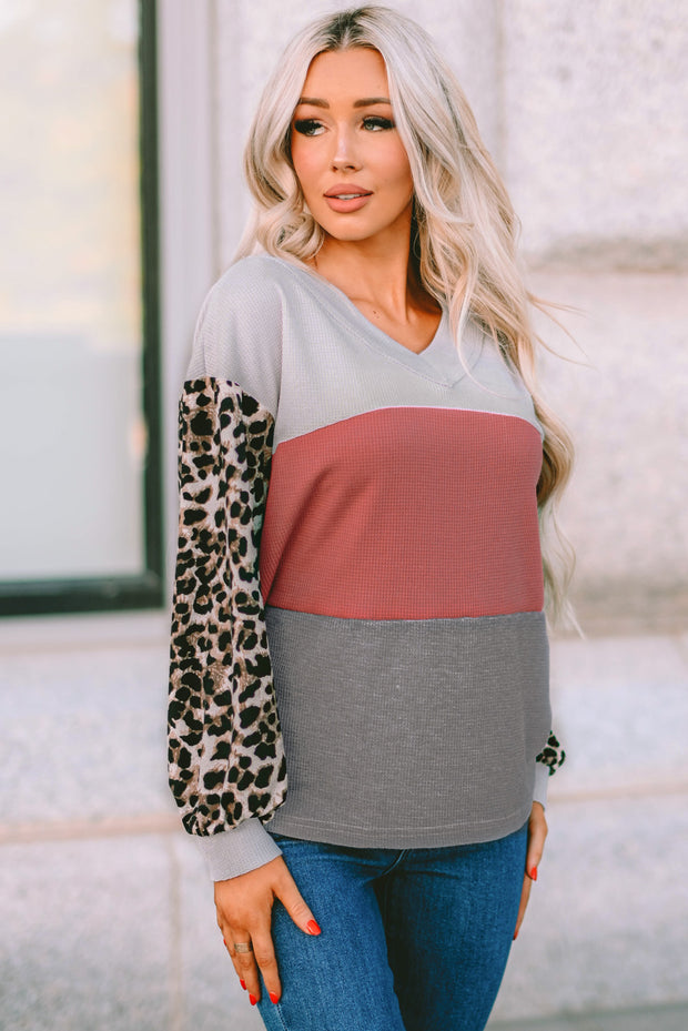 Fiery Red Wild Leopard Contrast Sleeve Colorblock Waffle Knit Top