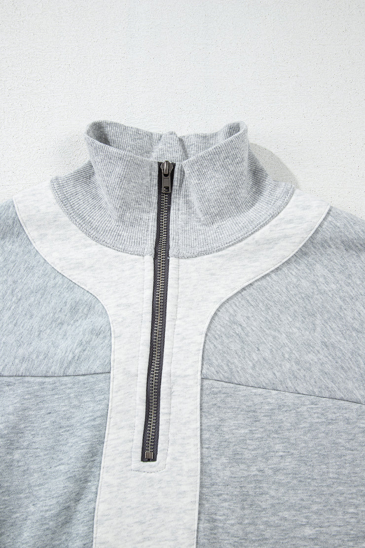 Gray Half Zipper Collared Drop Shoulder Side Slits Sweatshirt