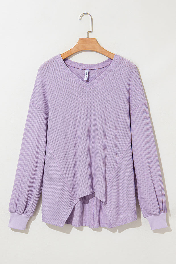 Orchid Petal Waffle V Neck Long Sleeve Drop Shoulder Loose Blouse