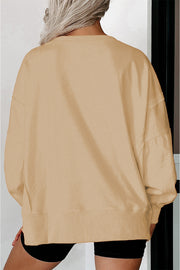 Light French Beige Exposed Seam Drop Shoulder Round Neck Sweatshirt with Slits