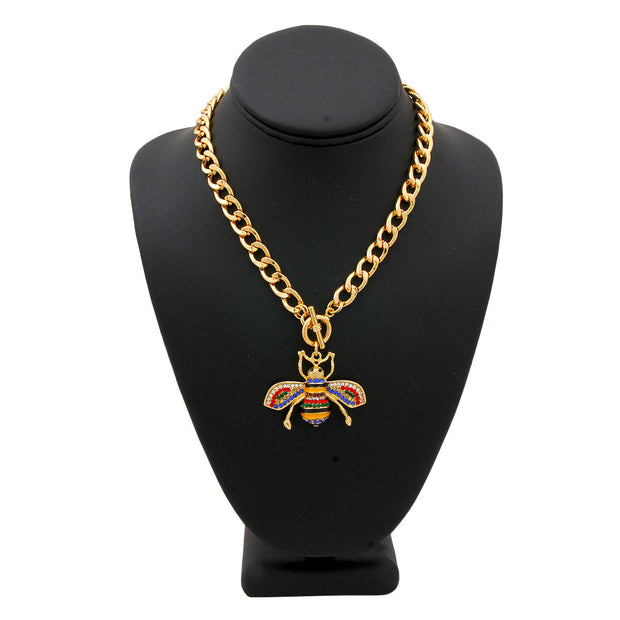 Designer Style Multi Color Rhinestone Bee Toggle Necklace