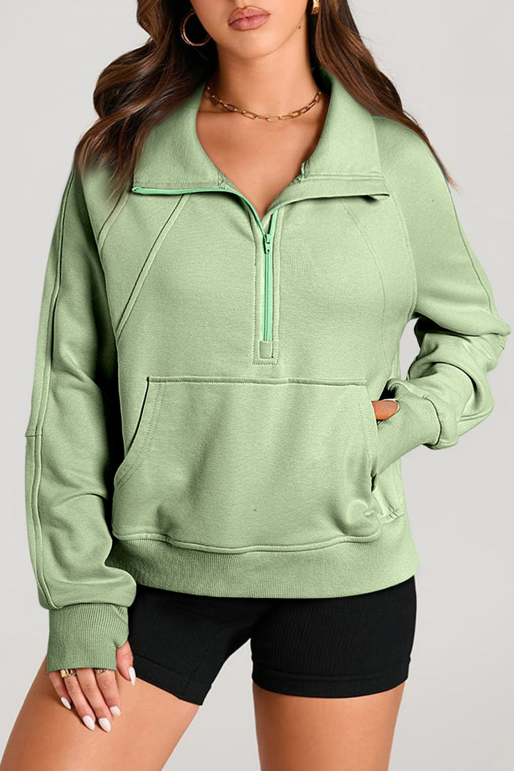 Smoke Green Quarter Zip Stand Neck Kangaroo Pocket Sweatshirt