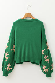 Dark Green Christmas Reindeer Pattern Drop Shoulder Sweater