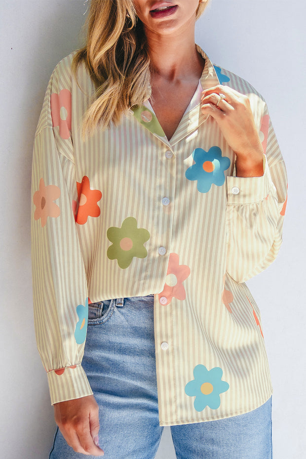 Apricot Stripe Flower Print Collared Button-up Loose Fit Shirt