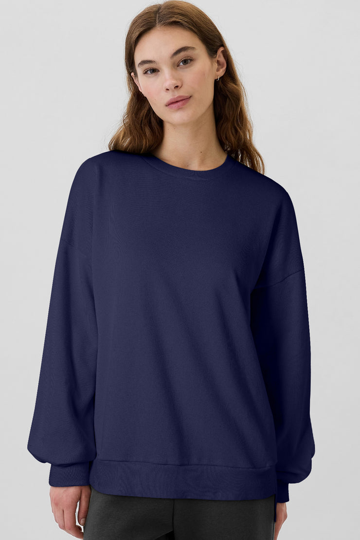 Navy Blue Solid Fleece Lined Drop Shoulder High Low Sweatshirt