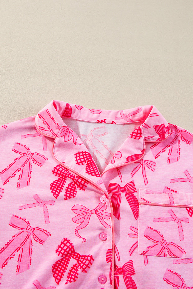 Pink Bow Knot Print Lapel Collar Short Sleeve and Pants Pajamas Set