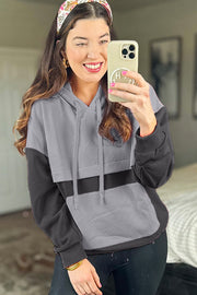 Gray Textured Color Block Kangaroo Pocket Drop Shoulder Hoodie