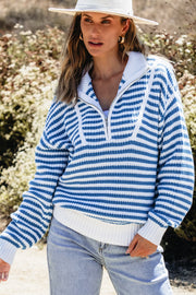 Sky Blue Stripe Zip up Collar Drop Shoulder Sweater