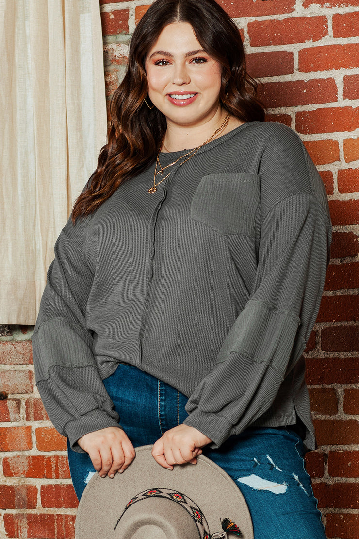 Dark Grey Plus Size Exposed Seam Crinkle Patchwork Top