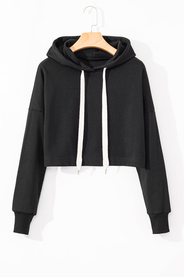 Black Solid Drop Shoulder Drawstring Cropped Hoodie