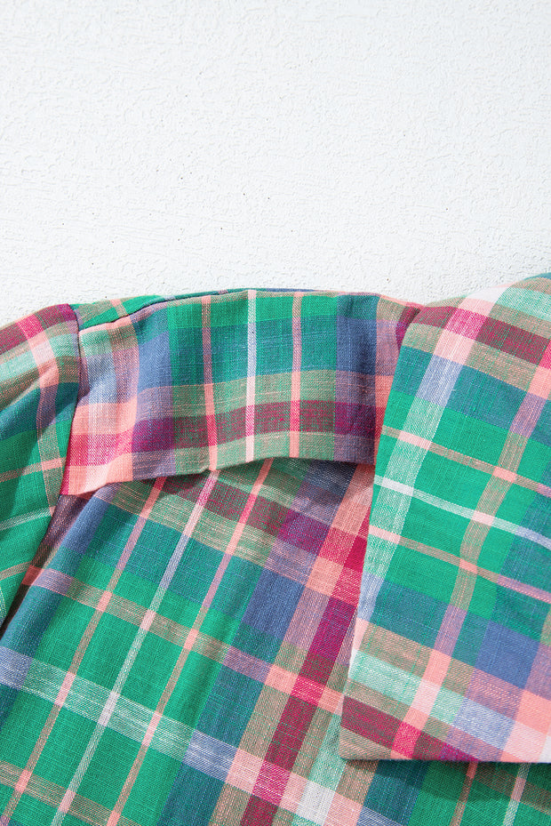 Green Checkered 3/4 Sleeve Collared Loose Fit Shirt