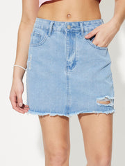 Distressed Raw Hem Mini Denim Skirt