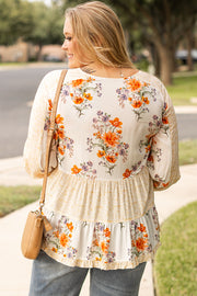 White Plus Size Floral Print V Neck Puff Sleeve Blouse