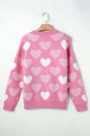 Pink Pearled Heart Print Valentines Crew Neck Sweater