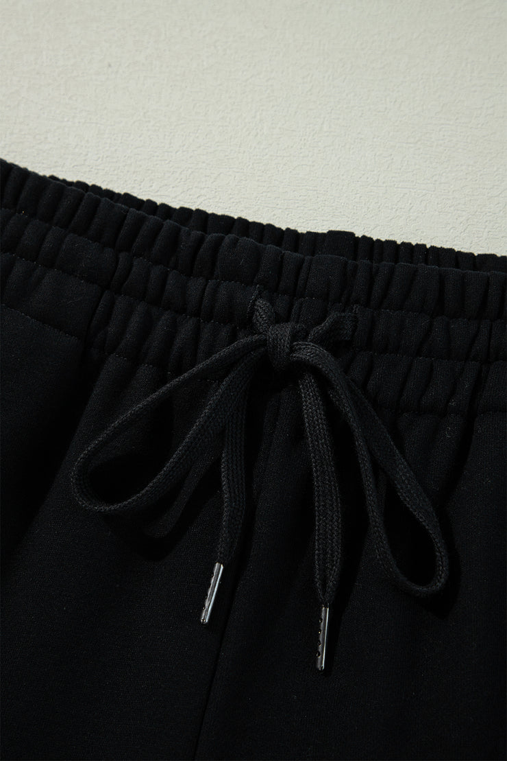 Black Solid Color Fleece Lined Drawstring Waist Casual Pants