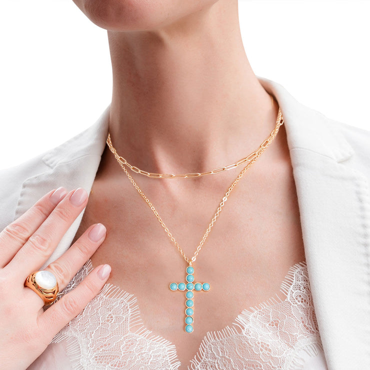 Gold Turquoise Stone Cross 2pc Necklace