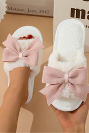 White Bow Knot Decor Open Toe Plush Slippers