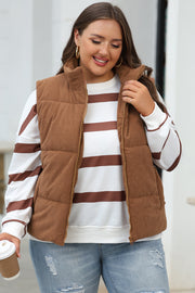 Coffee Corduroy Stand Neck Zipped Puffer Vest