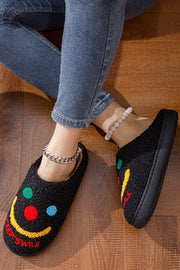 Black Keep Smile Printed Sherpa Home Slippers