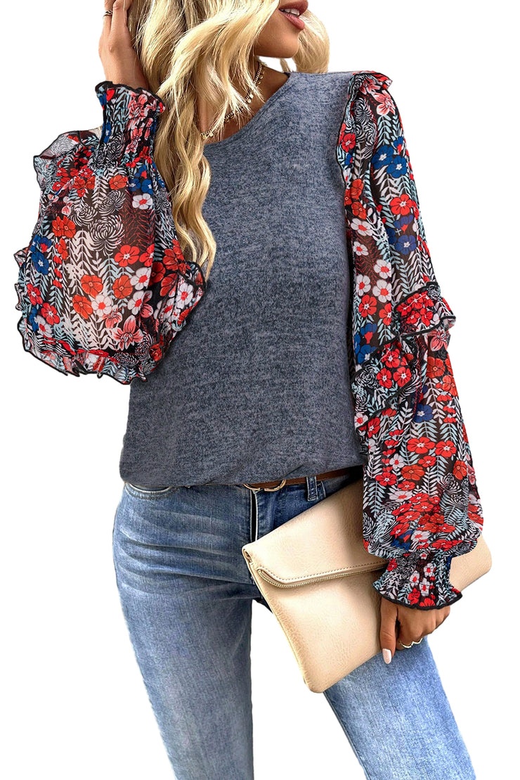 Blue Ruffle Tiered Floral Sleeve Crew Neck Blouse