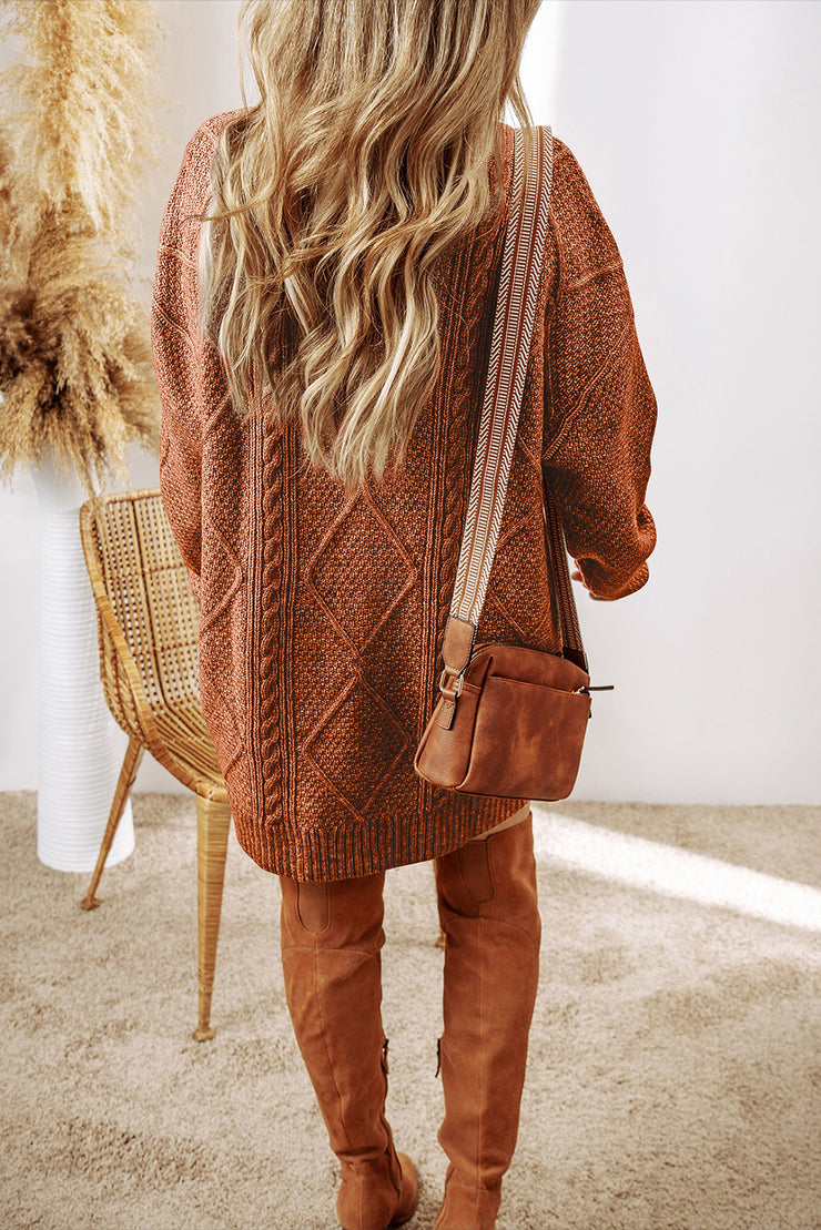 Coffee Cable Knit Drop Shoulder Loose Fit Sweater Dress