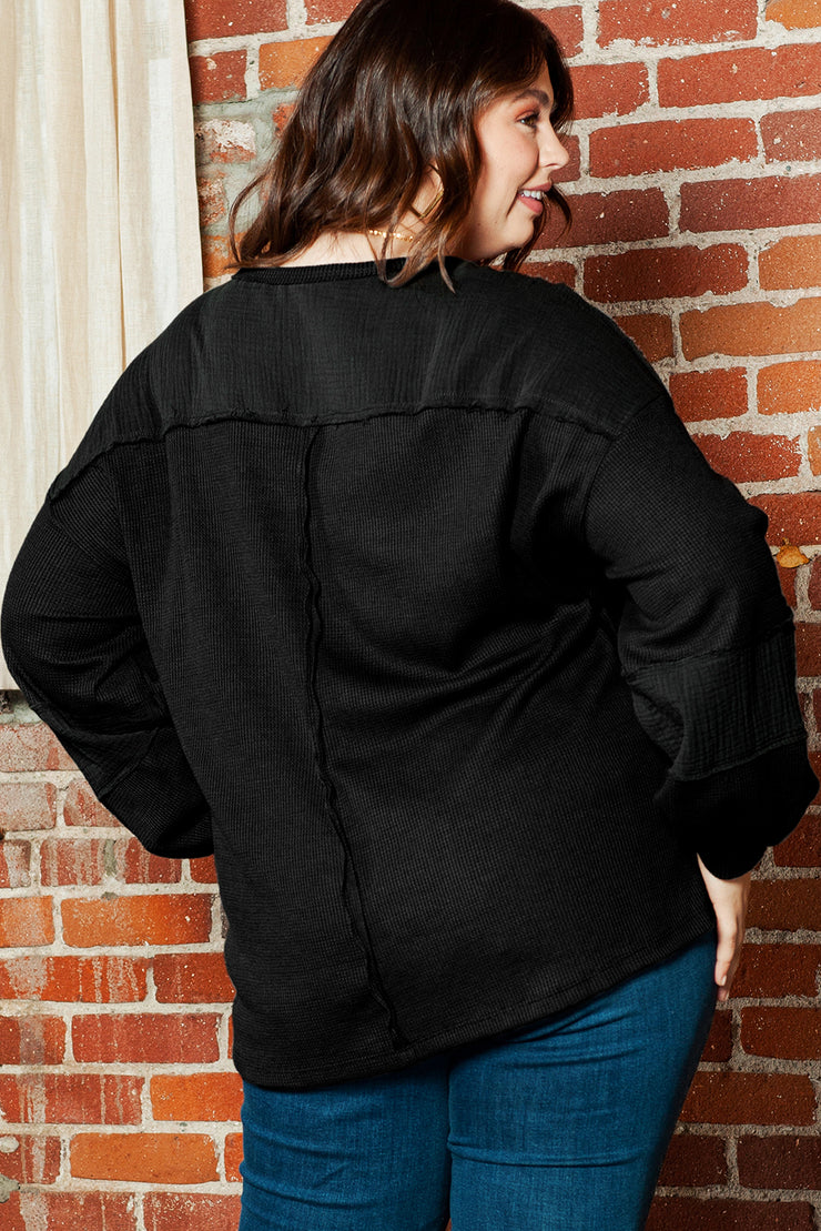 Black Plus Size Exposed Seam Crinkle Patchwork Top