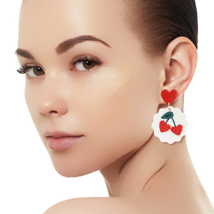 White and Red Clay Cherry Earrings