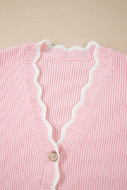 Pink Ribbed Knit Scalloped Edge Side Pockets Buttoned Cardigan