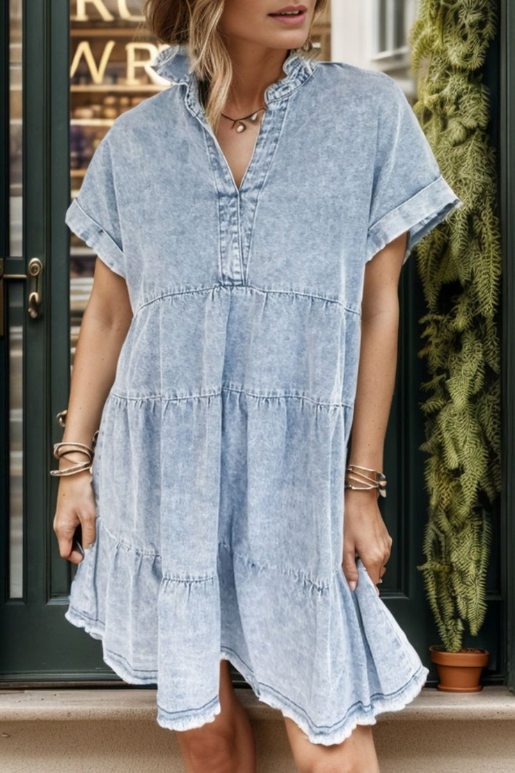 Raw Hem Notched Short Sleeve Denim Dress