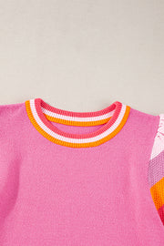 Bright Pink Contrast Flutter Sleeves Knitted Sweater T Shirt