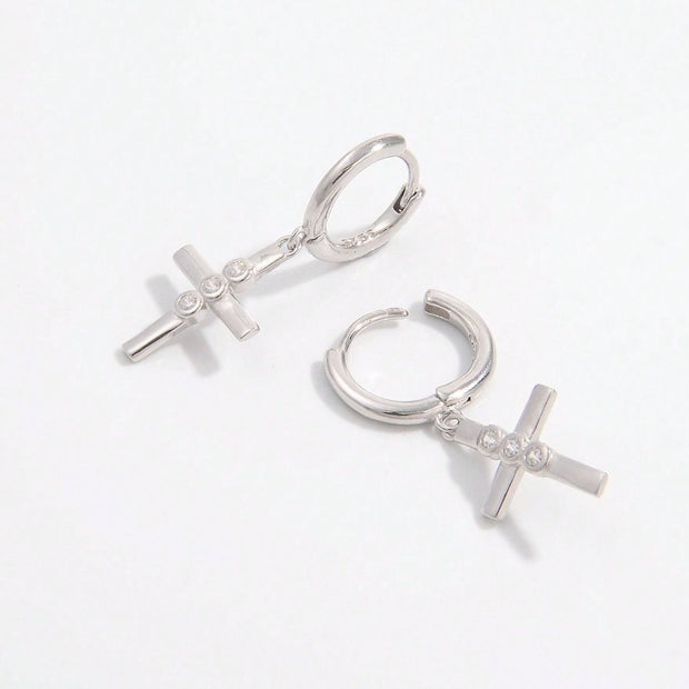 925 Sterling Silver Zircon Cross Earrings