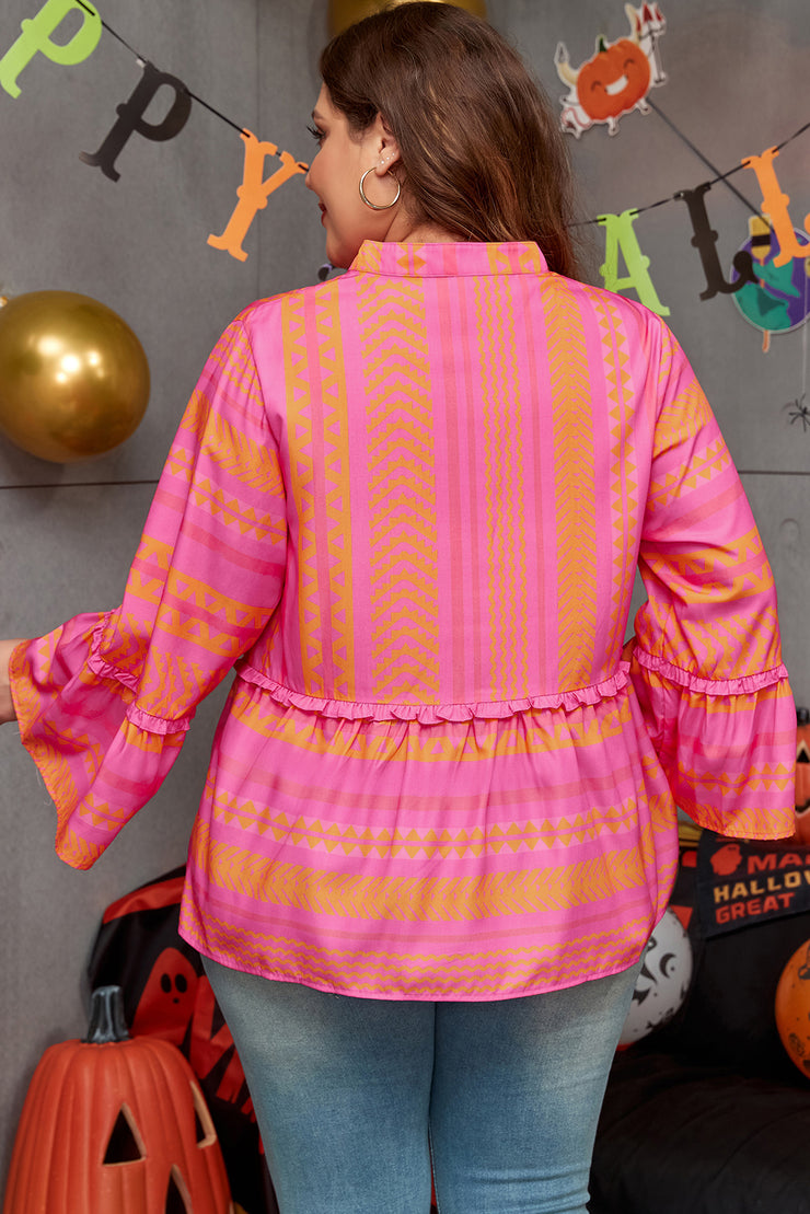 Vitality Orange Plus Size Geometric Printed Bell Sleeve Babydoll Blouse