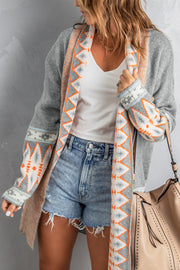 Gray Aztec Print Open Front Knitted Cardigan