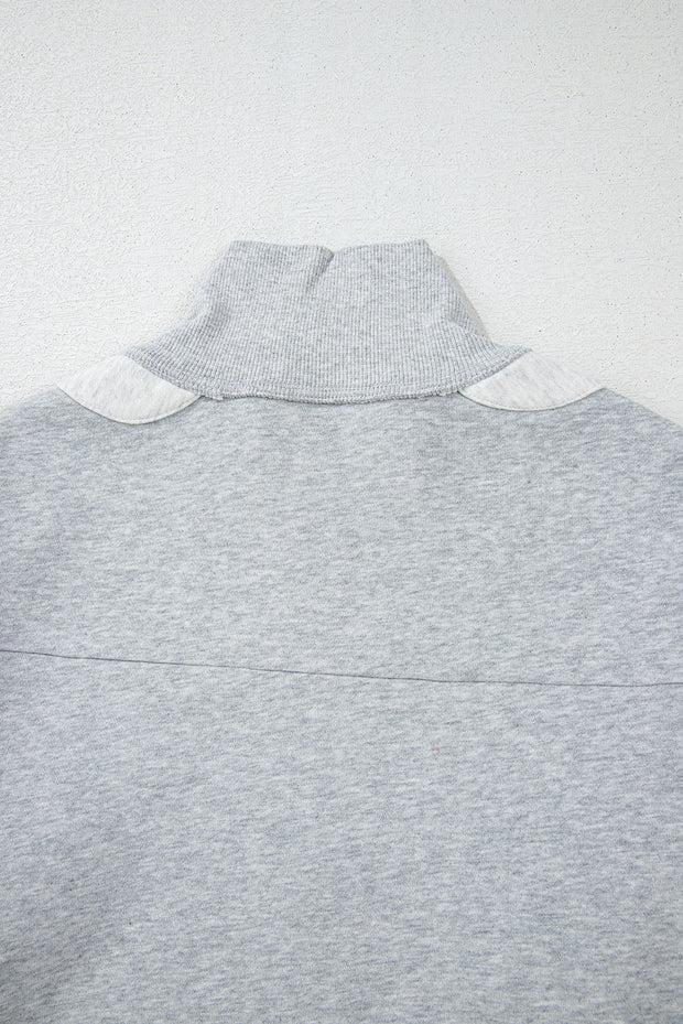 Gray Half Zipper Collared Drop Shoulder Side Slits Sweatshirt