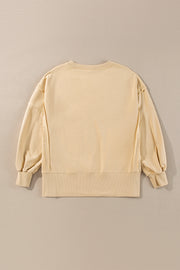 Light French Beige Exposed Seam Drop Shoulder Round Neck Sweatshirt with Slits