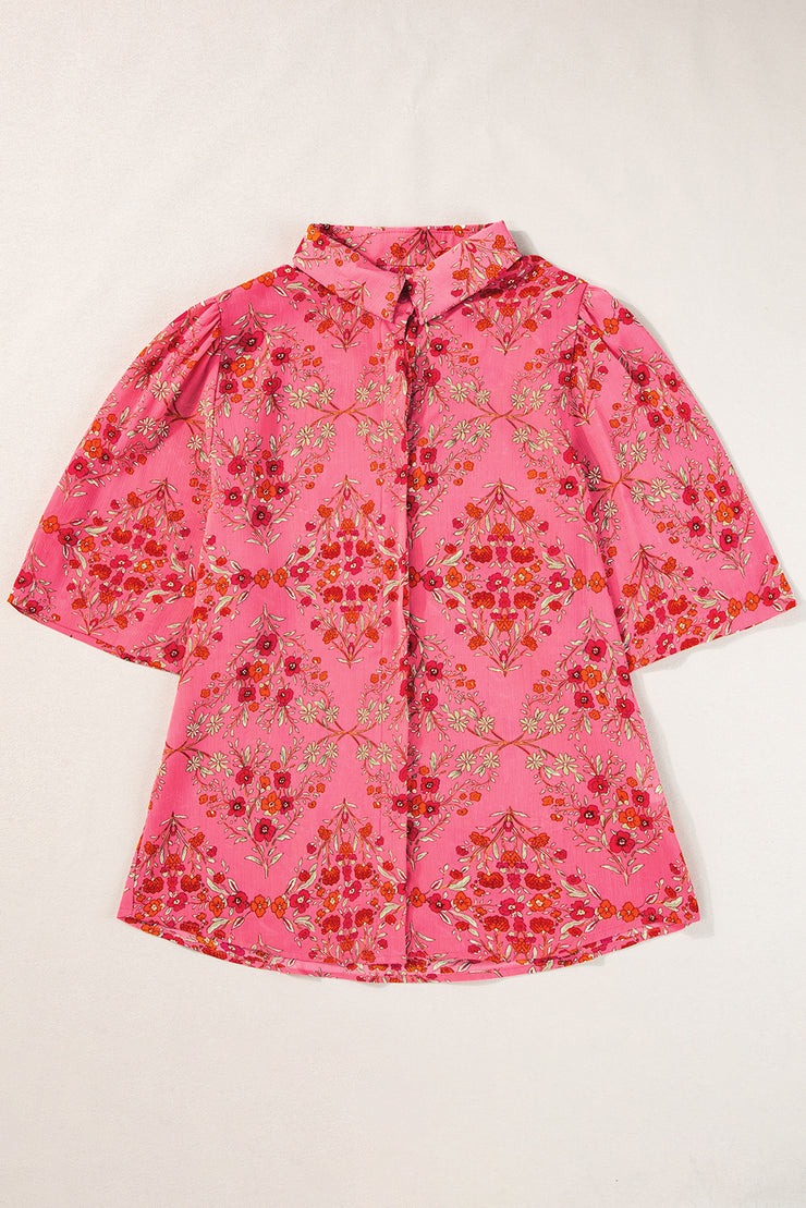 Rose Red Floral Print Wide Short Sleeve Loose Shirt